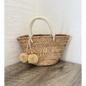 KAYU St. Tropez 100% Straw White Handle Pom Pom  Basket Tote “Mrs” Embroidered